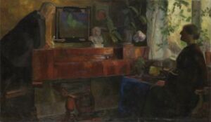  "Interior with Figures" by Thorvald Erichsen, an oil painting depicting a subdued interior scene with two indistinct figures, one by a desk with a green-shaded lamp and another seated figure in dark clothing. The color palette consists of muted earthy tones with highlights of green and a touch of cobalt blue.