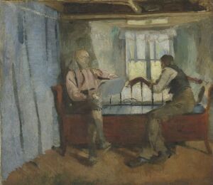  "A serene oil on canvas by Harriet Backer, showing two figures engrossed in an activity beside a sunlit window within a room painted in muted browns, greys, with touches of dusty rose, black, and blue. The intricate play of light and shadow captures a moment of shared focus and rustic tranquility."