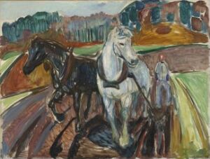  An oil on canvas painting by Edvard Munch, featuring two horses with riders in a vibrant landscape, with a black horse on the left and a white horse on the right, amid a backdrop of rolling hills and expressive brushstrokes in earthy greens, reds, browns, and blues.