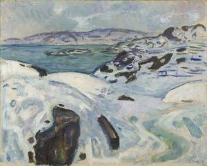  "Winter on the Fjord" by Edvard Munch, an expressionist painting on canvas depicting a snowy winter scene along a Norwegian fjord with icy blues and whites, purple shadows on snow, hints of dark land, a frozen body of water, distant hills, and a cloudy sky.