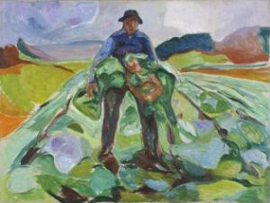  "Man in the Cabbage Field" by Edvard Munch, an oil painting depicting a man standing in the center of a lush green cabbage field, wearing a cobalt blue shirt, surrounded by an abstracted landscape in shades of green, purple, and blue, capturing a sense of the man's integration with the rural environment.