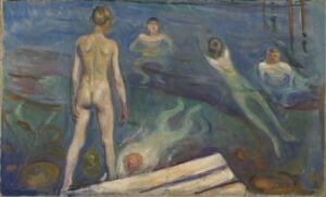  An expressive oil painting on canvas by Edvard Munch, featuring a nude figure standing on a log raft looking out over a body of water, with three other ethereal figures in the water, rendered in a palette of blues, greens, and earth tones that evoke a sense of immersion in nature.