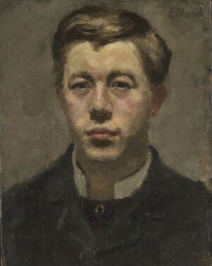  "Portrait of a Young Man" by Edvard Munch, an oil painting on cardboard. The subject has a pensive expression with direct gaze, framed by dark-colored clothing, against a neutral gray background, with the artist's signature in the upper right.