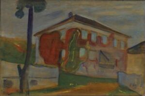  "An Edvard Munch painting depicting a rural landscape with a two-story building rendered in expressionistic style. The building's walls are painted in red and orange hues, while the surrounding vegetation is shown with dark green and blue strokes. A vibrant green tree stands prominently to the left, and the sky is streaked with blues, whites, and yellows, conveying a dynamic, somewhat unsettled atmosphere."