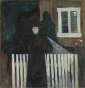  "Moonlight," an oil on canvas painting by Edvard Munch, depicting a female figure in a dark cloak standing by a white fence, with a shadowy figure beside her, against a house with a single lit window in a dark, moody night setting.