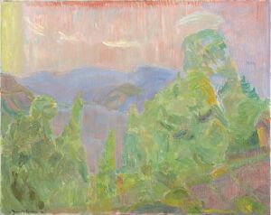  An impressionistic painting by Thorvald Erichsen on canvas, showcasing a hazy landscape with gradations of green hills beneath a pale sky with hints of pink, exemplifying fine art with oil on canvas technique.