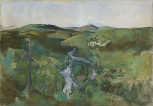  "Landscape from Foldalen" by Harriet Backer, an oil on canvas painting depicting a tranquil green valley with a winding stream, rolling hills, and a pale blue sky.