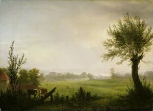  Oil painting on canvas by Johannes Flintoe presenting a tranquil landscape scene. The foreground features lush green foliage with a prominent, leafy tree on the right. A rustic farmhouse with a russet roof is nestled among the meadow in the middle ground, while the background shows less defined trees under an overcast sky with a gradient from pale yellow to grayish-blue. The mood is serene, inviting contemplation of natural beauty.