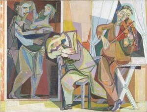 
 A painting by Aage Storstein on canvas featuring an abstract depiction of three figures in a room, with two playing musical instruments and one holding a bowl, using a muted color palette with green, yellow, beige, and brown tones, and characterized by cubist influences and geometric shapes.