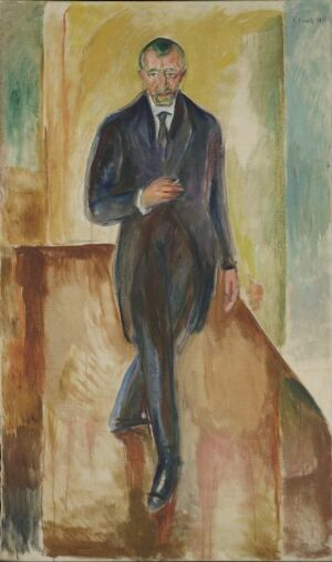  An oil painting on canvas by Edvard Munch featuring a man standing leisurely, leaning slightly against a brown surface, dressed in a navy blue suit with hands in pockets. The face exudes a subtle expression, set against an abstract background with blended colors of green, yellow, and blue.