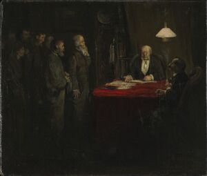  Oil painting by Theodor Kittelsen, featuring an elderly man at the center of a dimly lit room, focused on paperwork at a table with a bright red cloth, surrounded by several attentive figures in muted tones, all enveloped in a pervasive, dark atmosphere.