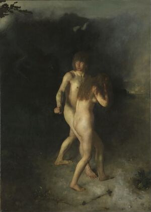  "The Expulsion from Paradise" by Hans Heyerdahl, an oil on canvas painting showing a somber scene with two nude figures, presumed to be Adam and Eve, depicted with earthy and dark tones that create a feeling of sorrow as they seem to be leaving a shadowy, undefined space, symbolizing their departure from Eden.