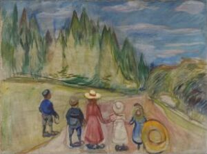  An Edvard Munch painting featuring five figures walking on a winding path, set against a backdrop of tall pine trees to the left and open grass to the right, under a sweeping sky with blue and white brushstrokes. The figures are stylized with expressive use of color, including blues, reds, and yellows among the natural greens and ochres of the landscape.