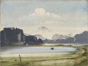  A tranquil landscape oil painting on canvas by Peder Balke, depicting a calm body of water with a solitary figure on the shore, a small boat with occupants, towering cliffs, and a snow-capped mountain in the distance, all under a softly rendered overcast sky. The subdued palette features earthy greens, blues, grays, and pale colors conveying a serene atmosphere.