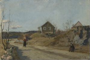 "From Vestre Aker" by Edvard Munch, a pastoral oil painting on paperboard depicting a winding road with bare trees, two figures, and a wooden house under a pale blue sky.