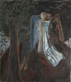  "Gethsemane" by Henrik Sørensen, an oil painting on canvas depicting an angel with blue and white robes leaning sorrowfully in a dark, tree-covered area, reflecting a melancholic and contemplative mood.