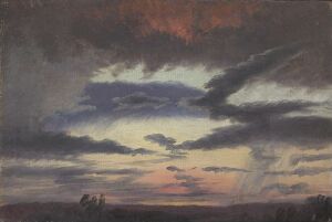 "Oil on paper painting by Knud Baade depicting a sweeping sky with voluminous storm clouds accented by hints of warm sunset colors near the horizon, showcasing a play of light and shadow typical of romantic landscape art."