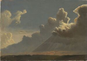  "Cloud Study" by Knud Baade, an oil painting on paper depicting a dramatic sky filled with detailed clouds ranging from deep blues to golden hues above a shadowy landscape.