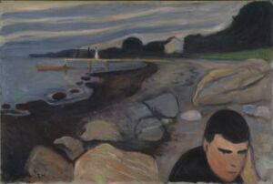  "Melancholy" by Edvard Munch, an oil on canvas painting depicting a contemplative male figure with dark hair seated in the foreground, facing a quiet beach with rounded rocks and a red boat in the water, under a subdued gray sky.
