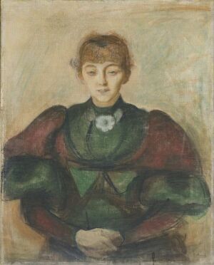  A portrait by Edvard Munch titled "Ragnhild Bäckström," featuring a woman dressed in a rich green outfit with a white collar, gently smiling at the viewer. The background blends earthy tones of beige and green, with visible pastel strokes. The overall muted colors evoke a sense of calm and introspection.