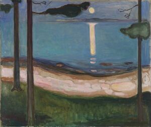  "Moonlight" by Edvard Munch, an oil on canvas painting showing a night-time landscape with a full moon above a body of water, flanked by dark tree silhouettes, depicting peaceful and moody scenery in blues and greens with a central moonlit path on the water's surface.