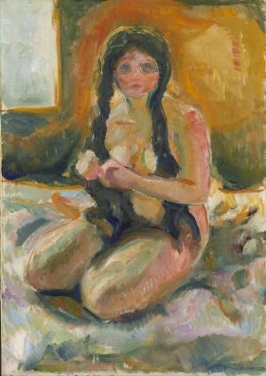  "Seated Nude" by Edvard Munch, an expressive oil on canvas painting depicting a contemplative woman seated with folded legs on a patterned surface, surrounded by a blend of warm and cool hues conveying depth and emotion.