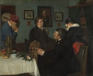  "The Farewell" by Harriet Backer, an oil painting on canvas, showcases a somber group of three men and two women in a green-toned room with wall portraits, interacting with subdued emotion.