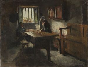  Oil painting on wood by Harriet Backer depicting an intimate indoor scene with a wooden table and cabinet illuminated by natural light from a window. Earthy brown tones dominate, with highlights of blue and green, conveying a serene domestic setting with two figures engaged in quiet activity.