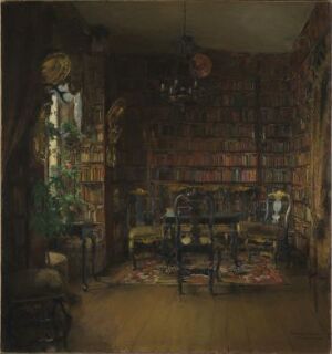  "Thorvald Boeck's Library" by Harriet Backer, a painting displaying a serene library scene with walls of bookshelves in warm browns, a large window with translucent curtains, a central wooden table surrounded by chairs, a cozy armchair, and subdued lighting that creates a contemplative ambiance.