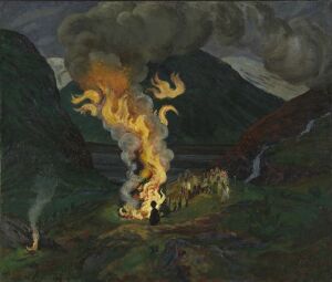  An oil painting by Nikolai Astrup on paper mounted on fiberboard, depicting a night-time scene with a vibrant bonfire at center, surrounded by figures against a backdrop of dark hills and a flowing river. The fire's flames are in yellow and orange hues that illuminate the nearby group of people and landscape, adding warmth to the predominantly dark green and brown natural setting.