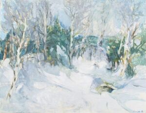  "Bright Winter Day" by Gunilla Hegfeldt, a fine art painting on canvas depicting a serene, snow-covered forest with towering, leafless trees, dappled sunlight on the snow, and a palette of whites, blues, and earth tones conveying the quiet beauty of a winter landscape.