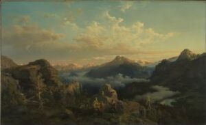  "Landscape painting on canvas by Hans Gude featuring a vast wilderness scene with dark green lush trees in the foreground framing a tranquil body of water, with mountains shrouded in mist in the background under a sky with clouds tinged by the golden light of the sun."