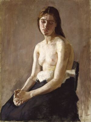  "Halvakt" by Signe Scheel, oil on canvas painting of a solemn woman seated on a chair with a bare torso and a dark skirt, her hands folded in her lap and her brown hair framing a contemplative face, against a muted background.