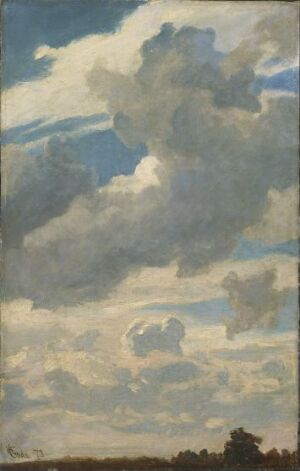  A romanticism style oil painting on canvas by Hans Gude, featuring a detailed and realistic depiction of a vast sky dominated by a complex arrangement of clouds in shades of gray, white, and subtle blue, with a hint of a dark, greenish landscape at the bottom, suggesting a distant horizon.