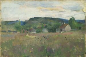  "Landscape from Bærum," an oil painting by Harriet Backer, featuring a tranquil rural scene with a meadow, wildflowers, simple buildings, rolling hills, and a soft, cloudy sky in muted colors.