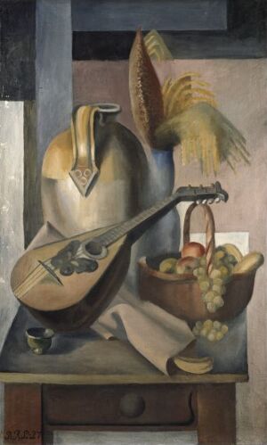  "Still Life with Mandoline" by Borghild Røed Lærum is a fine art oil on canvas painting, featuring a mandoline, a metallic pitcher, and a basket of grapes, set against a neutral background with a wooden drawer or cabinet at the bottom, and a white drape adding texture to the composition.