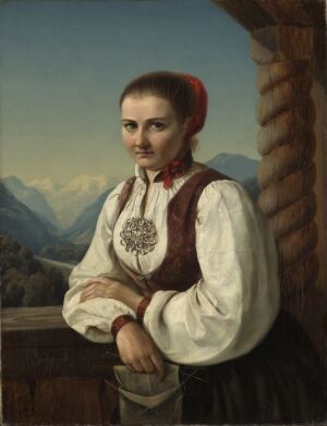  "Young Woman in Traditional Dress on the Balcony" by Hedevig Thorine Christiane Lund, featuring a serene young woman with light brown eyes and dark hair tied back with a red band, dressed in a white blouse, dark red