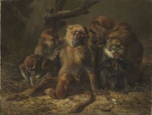  "Monkey Company" by Siegwald Dahl is an oil painting on canvas featuring a group of detailed, expressive monkeys with brown and reddish fur, set against a dimly lit background with earthy tones of brown and grey, evoking a secretive and intimate gathering in a forest or cave-like setting.