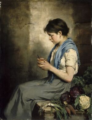  "Pike med grønnsaker" is an oil on wood painting by Axel Ender, showing a young woman in a pale grey dress and a blue scarf, contemplatively seated and focused on a task in her hands, with impressionistic vegetables beside her against a dark, indistinct background.