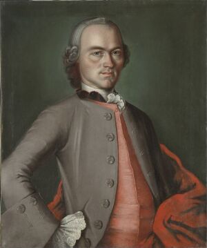  "Portrett" by Jacob Pedersson Lindgaard, an 18th-century oil on canvas portrait of an upper-class gentleman in grey with a red waistcoat against a dark green background, exuding elegance and confidence.