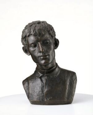  Bronze bust sculpture titled "The Painter Edvard Munch" by Jo Visdal, capturing Edvard Munch's head and shoulders with a contemplative expression and detailed facial features, set against a neutral background.