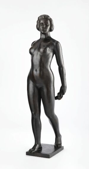 
 Bronze sculpture "Ile-de-France" by Aristide Maillol, depicting a serene, standing nude female figure with smooth and rounded forms. The figure presents an elegant, lifelike pose with a polished dark patina highlighting her graceful silhouette.