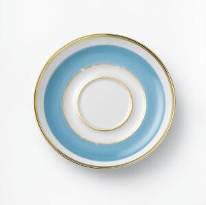  A porcelain saucer with a gold rim, wide sky blue band, and a centered white ring against a white background, reflecting symmetry and classic elegance. Artist name and title unknown.