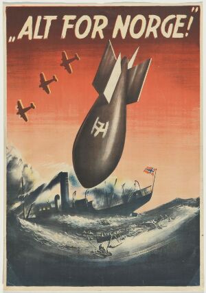  "Alt for Norge!" by Harald Damsleth, a fine art lithograph on paper depicting a grey torpedo with a black swastika descending towards the sea with a capsizing ship in the background, and planes flying above in a red to blue gradient sky, conveying a dramatic wartime scene.