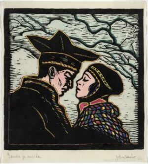  A hand-colored woodcut on wove paper by John Savio, titled "Boy and Girl," featuring a young couple in close proximity, foreheads nearly touching, with the boy in a dark hat and coat and the girl in a colorful, patchwork-like outfit against the backdrop of a bare tree and a gradient pale sky.