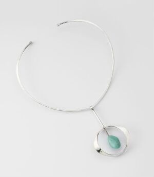  Sterling silver hand-forged necklace titled "102" by Tone Vigeland, featuring a minimalist design with a smooth silver loop interrupted by a pendant, securing a light blue-green amazonite stone with a polished finish.