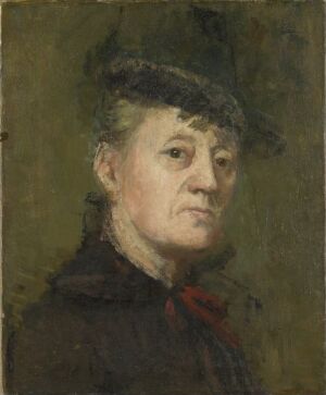  Oil on canvas portrait by Kitty Kielland featuring an older individual with a contemplative expression, wearing a black bowler hat, a dark coat, and a red scarf. The subject is set against a dark olive green background with a realistic style emphasizing subtle colors and textures.