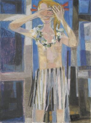  An oil on canvas painting by Else Hagen, featuring a pale-skinned woman with a yellow hair-flower garland around her neck, standing against a backdrop of cool-toned abstract geometric shapes, obscuring her face with her hands.