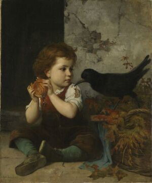  "Painting by Mathilde Dietrichson, oil on canvas glued to a wooden board, showing a serious-looking child with curly hair sitting on the ground holding a brown object, with a black bird to their right and plant debris to the left, set against a gradient of beige and gray background."