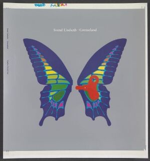  "Svend Undseth - Grenseland," a color offset print by Bruno Oldani, featuring a symmetrical butterfly illustration with vivid purples, blues, greens, and a touch of red on the body, on a muted gray cardboard background.